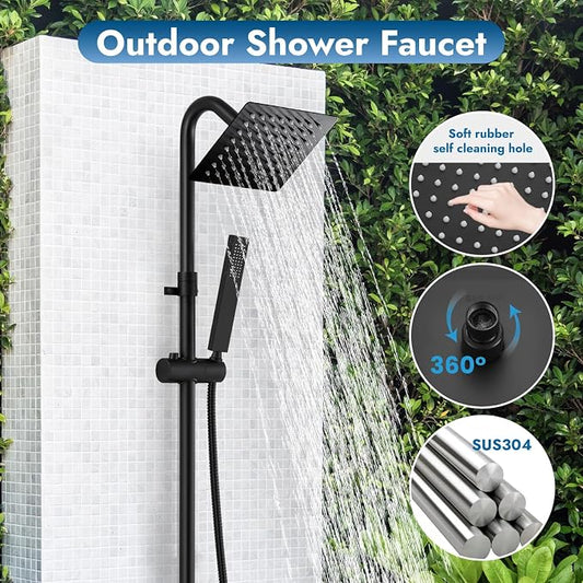 Wall Mounted Outdoor Shower Kit,Outdoor Shower Faucet,Matte Black | 6-Inch Square Rainfall Shower Head with Handheld Spray, Adjustable Slide Bar & Dual Function Design for Flexible Outdoor Use