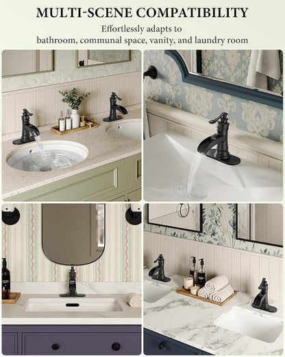 Black Bathroom Faucet Matte Waterfall Sink Farmhouse Vanity Single Hole | Faucets One Handle Basin Antique centerset with Pop Up Drain Stopper Mixer Tap Overflow Supply Line by Homevacious