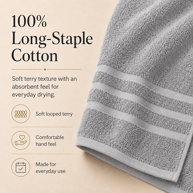 Velqora Bath Towels, 4 Pack, 30x60 in, 100% Cotton, Soft, Light Gray | Absorbent Terry | Balanced Weight | Easy Care
