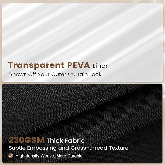 BTTN Black 3 in 1 Shower Curtain with Clear Liner, Linen Textured Decorative Fabric Shower Curtain PEVA Liner Set with Plastic Hook, Modern Luxury Waterproof Shower Curtain for Bathroom, 72x72