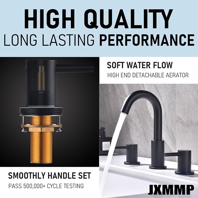 Black 3 Hole Bathroom Faucet, 8 in Matte Black Widespread Bathroom Sink Faucet with Pop Up Drain and Supply Lines, Stainless Steel 2 Handle Black Faucet for Vanity