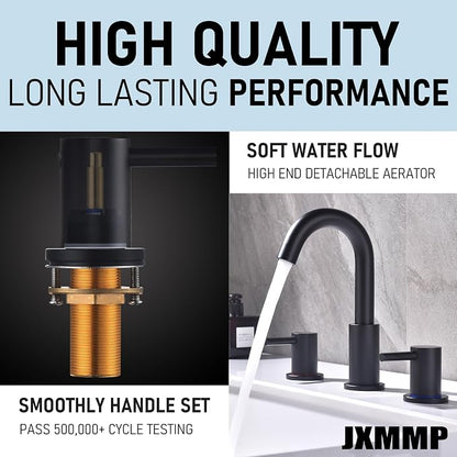 Black 3 Hole Bathroom Faucet, 8 in Matte Black Widespread Bathroom Sink Faucet with Pop Up Drain and Supply Lines, Stainless Steel 2 Handle Black Faucet for Vanity