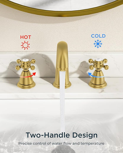 FORIOUS Brushed Gold Bathroom Faucet, Bathroom Sink Faucet 3 Hole with Pop Up Drain and Water Hose Supply, 2 Cross Handle Design, for Vanity RV Farmhouse Sink