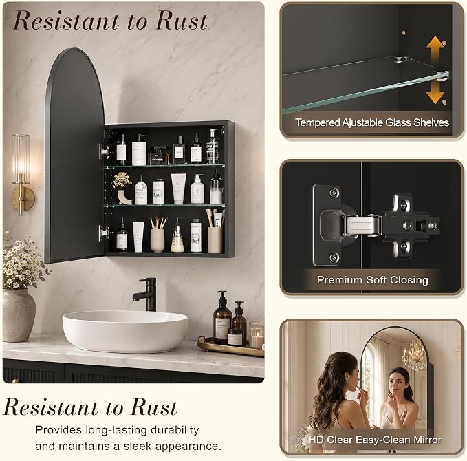 FKWin Medicine Cabinet Mirror for Bathrooms, Wall Mount Storage, 20x30 inch | Bathroom Mirror with Storage, Small Bathroom Solution, Adjustable Shelves, Reversible Door, Bathroom Upgrade, Black