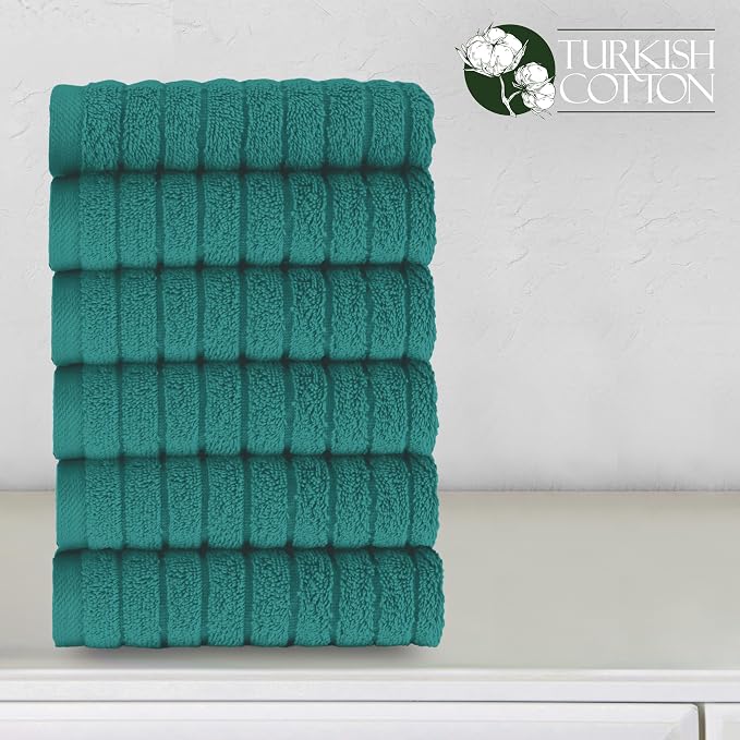 Elegant Comfort 100% Turkish Cotton Corduroy Ribbed Luxury Washcloths 6 Pack Soft 13 x 13 Inch - Higly Absorbent, Durable, Quick Dry, Spa Premium Hotel Quality for Bathroom or Travel, Turquoise