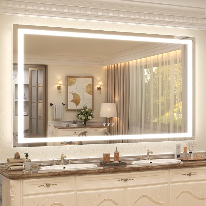 68x48 LED Lighted Bathroom Mirror for Vanity Wall | Front Light and Backlit, Anti-Fog, Memory, 3 Color, Tempered Glass, Dimmable, Rectangular, UL, Horizontal/ Vertical Mounted