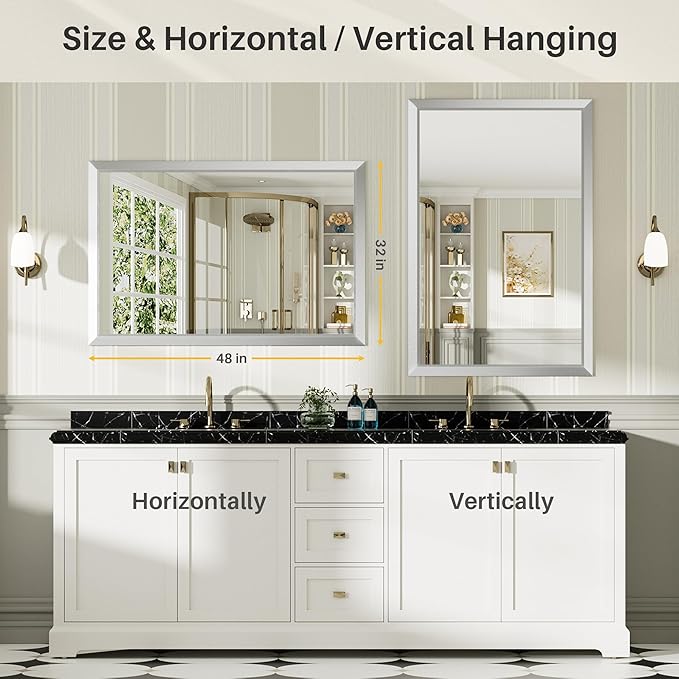 48x32 Inch Brushed Silver Bathroom Mirror for Wall, Thick Metal Framed Rectangle Mirrors for Over Sink, Bedroom, Living Room, Entryway, Anti-Rust, HD Tempered Glass