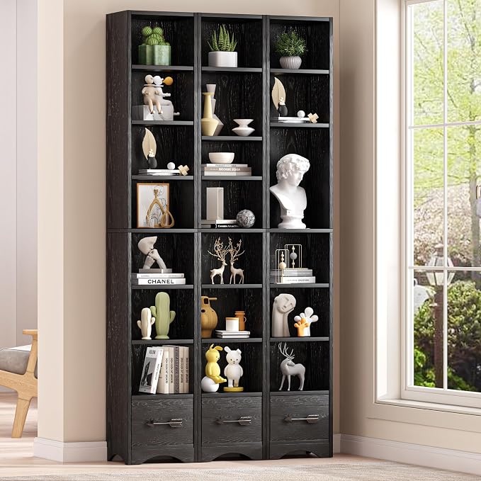 VECELO Tall Narrow Bookshelf with Drawer, 6 Adjustable Movable Shelves, Wood Space Saving Corner Storage Cabinet for Bathroom Bedroom, Sleek Black