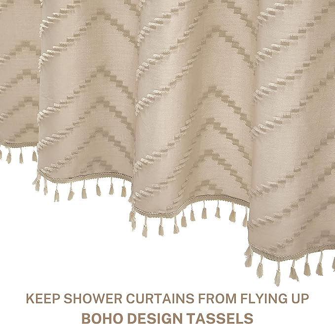 Siiluminisoy Extra Long Boho Shower Curtain, Woven Fabric 84 in Beige Shower Curtain, 72 x 84, Tufted Chevron Striped Modern Chic Textured Minimalist Bathroom