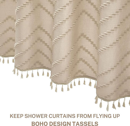 Farmhouse Boho Shower Curtain, Woven Fabric Beige Long, 72 x 78, Tufted Chevron Striped Modern Chic Textured Minimalist Bathroom Shower Curtain