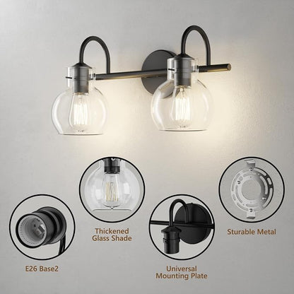 2 Lights Bathroom Vanity Light Fixtures Over Mirror, Matte Black Modern Wall Sconce with Clear Globe Glass Shades, E26 Base, Damp Rated for Bathroom Bedroom Living Room Hallway