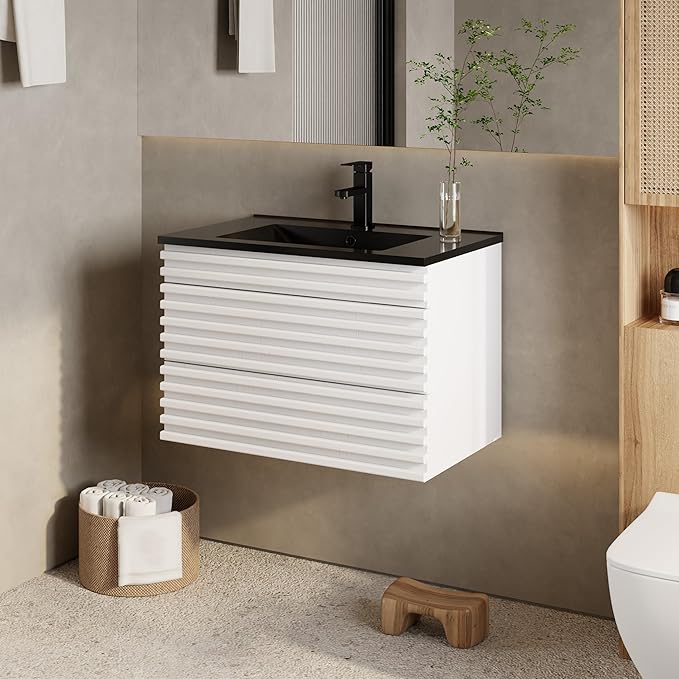 eclife 30" Floating Bathroom Vanity with Sink Combo, Mid-Century Wall Mounted Cabinet with Wood Stripes Decor, Drawers, Undermount Single Black Sink, Faucet, Drain, Mixed White