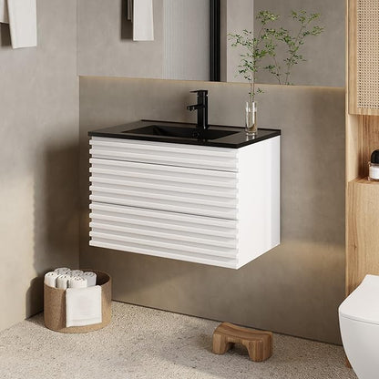 eclife 30" Floating Bathroom Vanity with Sink Combo, Mid-Century Wall Mounted Cabinet with Wood Stripes Decor, Drawers, Undermount Single Black Sink, Faucet, Drain, Mixed White