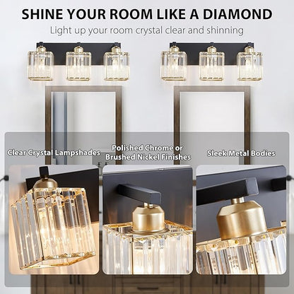 Bathroom Vanity Light Fixtures Over Mirror - Makeup Lighting Black Gold - for Modern Wall, Bath, Desk, Farmhouse, Hallway 3 Crystal Lights