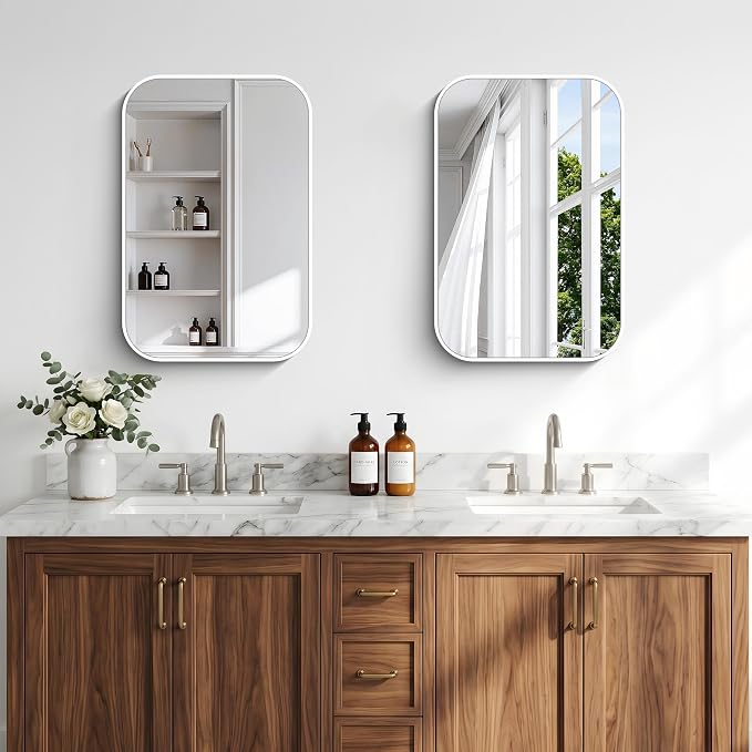 BONEWEI White Bathroom Mirror,16x24 inch Wall Mirror for Bathroom Wall Mounted,Rectangle Mirror for Bathroom Over Sink,Modern Frame Round Corner for Living Room,Bedroom Entryway,Horizontal/Vertical
