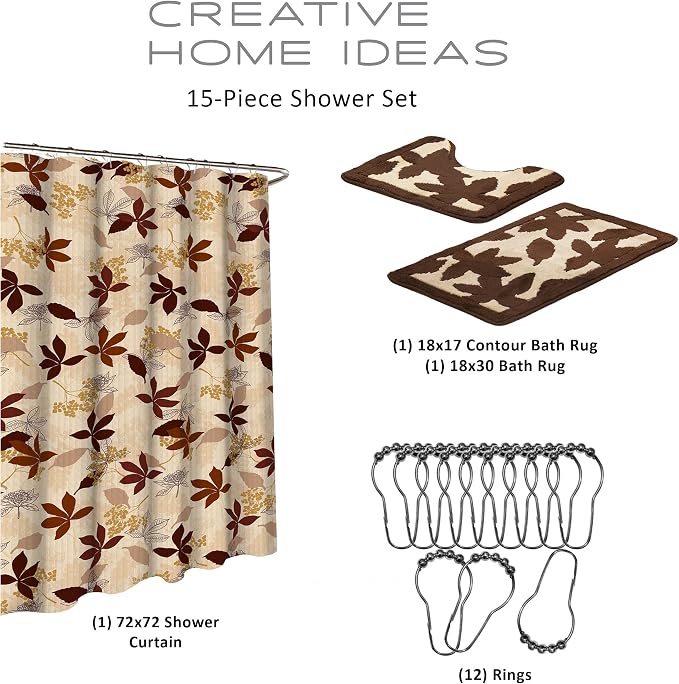 15-Piece Bathroom Shower Curtain Set – Set of 1 Shower Curtain & 12 Metal Hooks & 1 Bath Mat & 1 Contour Mat, Modern Bathroom Décor, Machine Washable, Blowing Leaves Chocolate