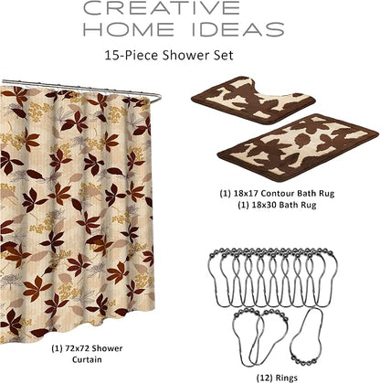 15-Piece Bathroom Shower Curtain Set – Set of 1 Shower Curtain & 12 Metal Hooks & 1 Bath Mat & 1 Contour Mat, Modern Bathroom Décor, Machine Washable, Blowing Leaves Chocolate