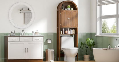 Arched Over The Toilet Storage Cabinet with Fluted Doors, 4 Tier Small Bathroom Shelf Organizer, Mid Century Modern Bathroom Cabinet with Adjustable Shelf, Slim Narrow Arch Toilet Rack, Walnut