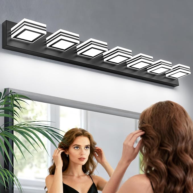 SOLFART LED Modern Vanity Lights Fixtures: 7 Lights Acrylic Matte Black Modern Bathroom Wall Light Over Mirror 46inch
