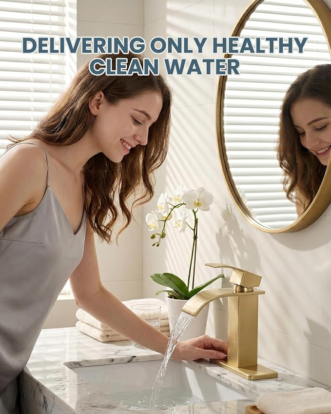 Brushed Gold Waterfall Bathroom Faucet - ARCORA Single Handle Bathroom Sink Faucet Mixer Tap Lavatory Vanity Sink Faucet with Deck Plate and Pop Up Drain, 1 or 3 Hole