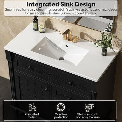 LIKIMIO 36 Inch Bathroom Vanity with Sink, Towel Holder & Adjustable Solid Wood Legs for Uneven Floor, Modern Bathroom Storage Cabinet with Tip-Out Drawer, 2 Drawers & Adjustable Shelf, Black