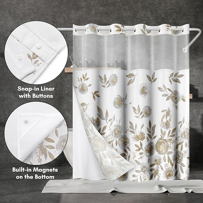 Americanflat 72x75 Hookless Shower Curtain - Water-Resistant Floral Shower Curtain with Sheer Panel, Snap-In Liner, and Grommets - 100% Polyester - Botanical Bathroom Curtains - Silver, White and Gold