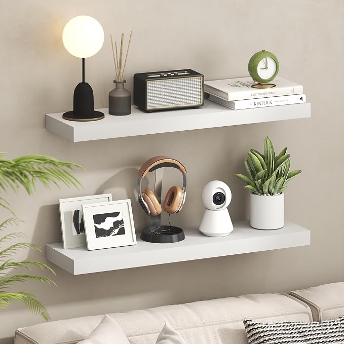 Furinno Tanna Floating Shelves for Wall Set of 2, 9 x 35 Wall Shelf, Wall Mounted Floating Shelf with Invisible Bracket, 2-Inch Thick, for Bathroom, Living Room, Bedroom, Home Office, White