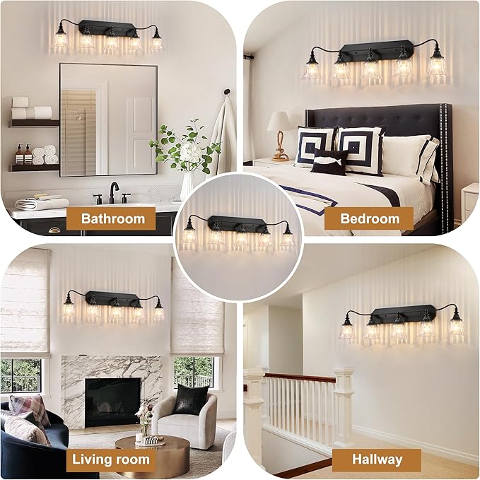 Bathroom Vanity Black Vintage Light Fixture, 5 Lights Bathroom Lighting Matte Antique Brass Finish with Crystal Glass Shade, Black Vintage Vanity Light