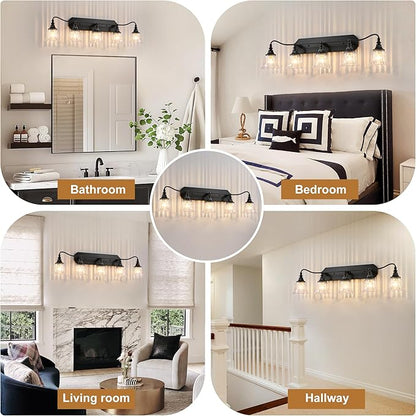 Bathroom Vanity Black Vintage Light Fixture, 5 Lights Bathroom Lighting Matte Antique Brass Finish with Crystal Glass Shade, Black Vintage Vanity Light