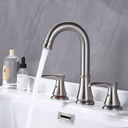 3 Hole Bathroom Faucet with Pop Up Drain and cUPC Faucets Supply Hose, WiPPhs 360 Degree Swivel Spout 2 Handle 8 inch Brass Widespread Bathroom Sink Faucet, Basin Faucet Mixer Taps (Brushed Nickel)