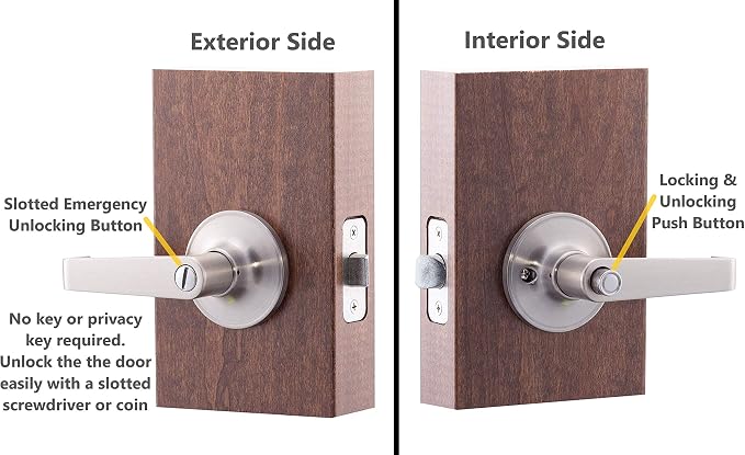 Copper Creek Avery Privacy Lever, Satin Nickel, Push Button Lock for Bedroom and Bathroom, ANSI Grade 3, Reversible Keyless Interior Door Handle, DIY Install, AL1231SS