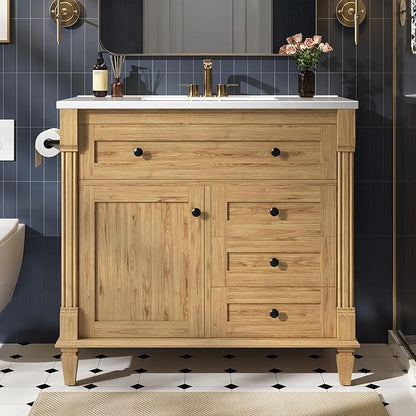 LIKIMIO 36 Inch Bathroom Vanity with Sink, Towel Holder & Adjustable Solid Wood Legs for Uneven Floor, Modern Bathroom Storage Cabinet with Tip-Out Drawer, 2 Drawers & Adjustable Shelf, Nature