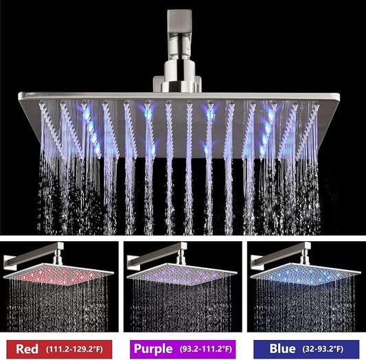 Aolemi Shower Faucet Set with Valve Handheld 12" LED Head Brushed Nickel | Handheld Spray,12 Inch Rain LED Head,Valve and Trim Kit,All Metal,Wall Mount Shower System,Bathroom Mixer