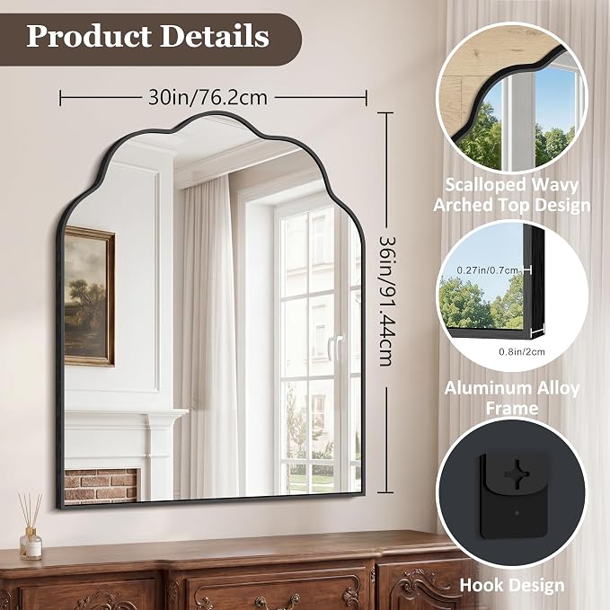 Arched Scalloped Mirror, 30×36Inch Black Bathroom Mirror, Wavy Wall Mounted Vanity Mirror Decor with Aluminum Alloy Frame for Livingroom Bedroom and Entryway, Tempered Glass