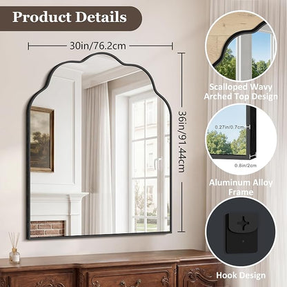 Arched Scalloped Mirror, 30×36Inch Black Bathroom Mirror, Wavy Wall Mounted Vanity Mirror Decor with Aluminum Alloy Frame for Livingroom Bedroom and Entryway, Tempered Glass