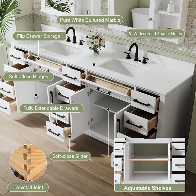 84-Inch Bathroom Vanity with Double Sinks W/ 4 Doors & 12 Drawers & 2 Flip Drawers, White Vanity W/Matte Black Handles