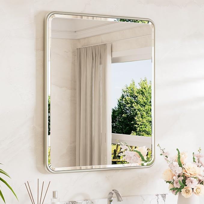 Brushed Nickel Bathroom Mirror 24 x 30 Beveled Edge Tempered Glass, Rounded Corner Rectangle Bathroom Mirror for Over Sink for Modern Bathroom, Living Room, Bedroom, Entryway