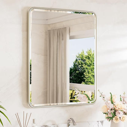 Brushed Nickel Bathroom Mirror 24 x 30 Beveled Edge Tempered Glass, Rounded Corner Rectangle Bathroom Mirror for Over Sink for Modern Bathroom, Living Room, Bedroom, Entryway