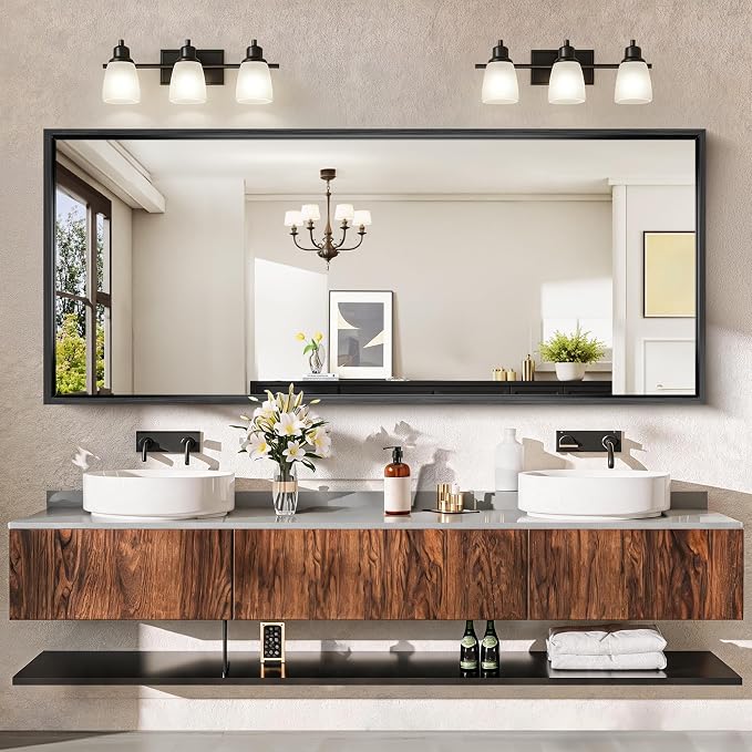 CIRCUMI 72"x30" Brushed Black Bathroom Mirror, Double Sink Vanity Mirror | Chunky Box Metal Frame, Shatterproof, Tempered Glass, Bathroom Remodel&New Home, Large Rectangular Mirror for Living Room