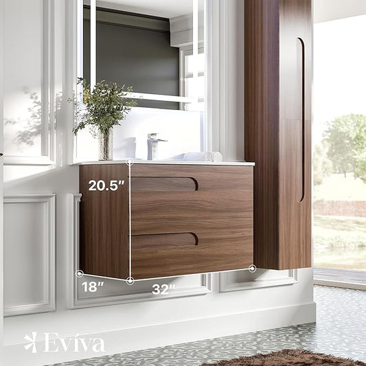 Eviva Joy 32 in. Rosewood Wall MountSingle Sink Bath Vanity with Porcelain Top and Integrated Sink