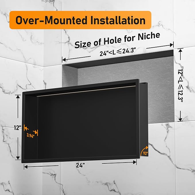 Stainless Led Shower Niche 24"x12" Black RGB Light No Tile Needed | 304 stainless steel shower niche,recessed niche shower,Led driver & remote control included,dimmable,bathroom shower storage