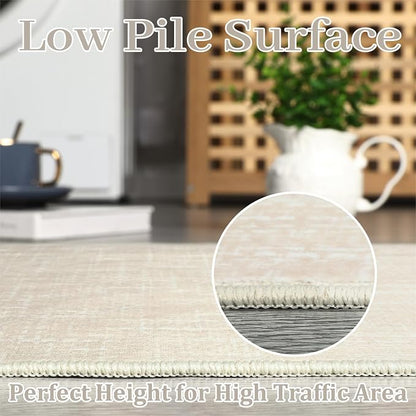 Garvee Modern 4x6 Living Room Rug Solid Color Washable Area Rugs, Beige | Rubber Backing Neutral Textured Non Shedding Stain Resistant Low Pile Foldable Soft Rug for Bedroom Nursery Entryway