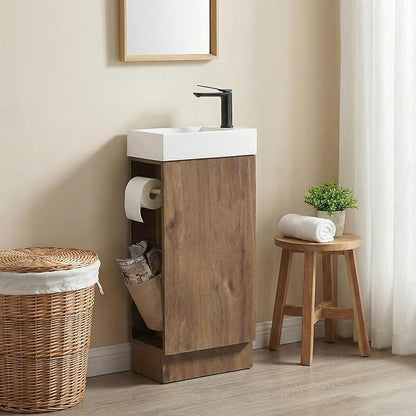 16" Small Bathroom Vanity with Sink - Walnut:Small Space Fit,2 Toilet Paper Holders & Storage Pocket,Adjustable Shelve,Soft Closing Door & Quiet Hinges,Floor-Standing Extra Storage
