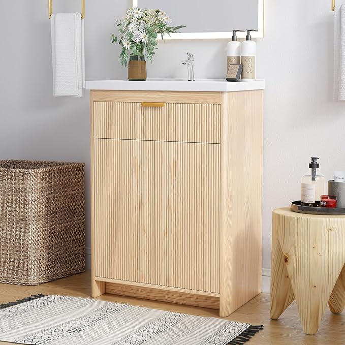 24 Inch Bathroom Vanity with Sink, Bathroom Cabinet Vanity for Small Space, Freestanding Storage Bathroom Vanity with 2 Soft Closing Cabinets, Nature Wood