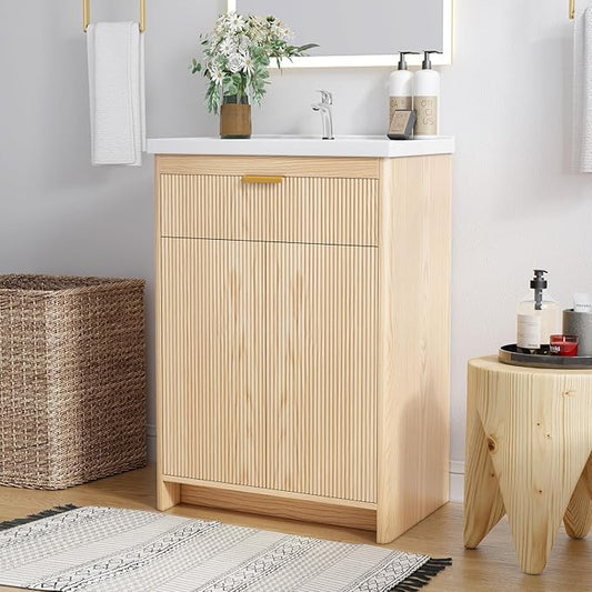 24 Inch Bathroom Vanity with Sink, Bathroom Cabinet Vanity for Small Space, Freestanding Storage Bathroom Vanity with 2 Soft Closing Cabinets, Nature Wood