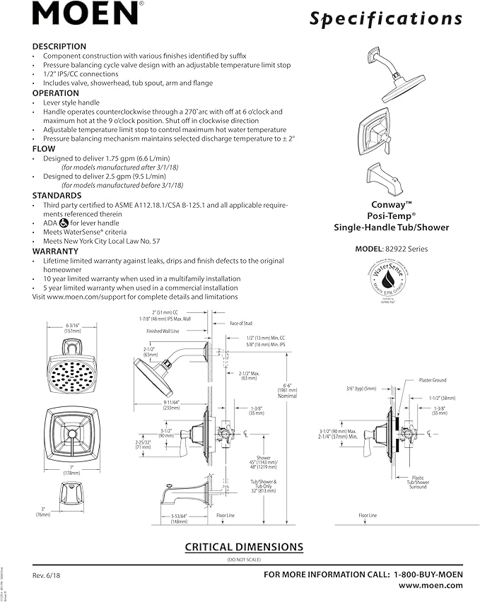Moen Conway Chrome Posi-Temp Shower Trim Set Featuring Square Showerhead, Lever Handle, and Tub Spout, Valve Included, 82922