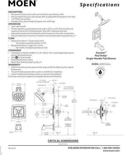 Moen Conway Chrome Posi-Temp Shower Trim Set Featuring Square Showerhead, Lever Handle, and Tub Spout, Valve Included, 82922