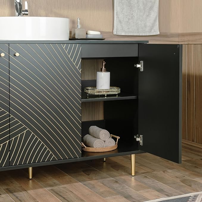 Woodbridge 48" Modern Bathroom Vanity with Round Ceramic Vessel Sinks & Black Engineered Stone Top, Matte Black Lacquer Finish and Gold Accents, Slim Frame Design, and Sleek Space-Saving Profile