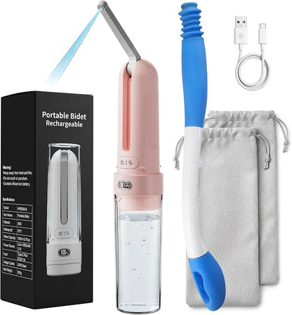 Electric Portable Bidet Toilet Aids Wiper Tool Set, Pink | 2-in-1 travel hygiene kit 15.7" extended length wiping tools 1600mAh Long-lasting Battery USB-C Rechargable IPX7 Waterproof