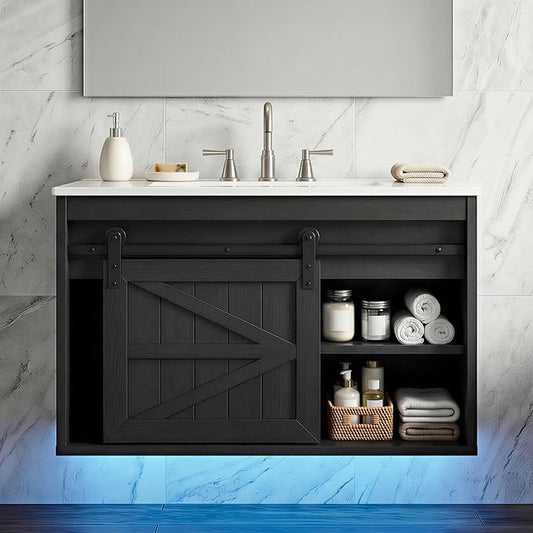 DWVO 24" LED Bathroom Vanity with Sink, Farmhouse Sliding Barn Door Bathroom Cabinet, Bathroom Vanities, Wall Mounted Floating Cabinet for Small Spaces